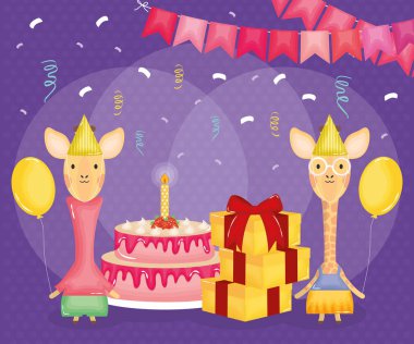 happy birthday card with giraffes couple and cake clipart