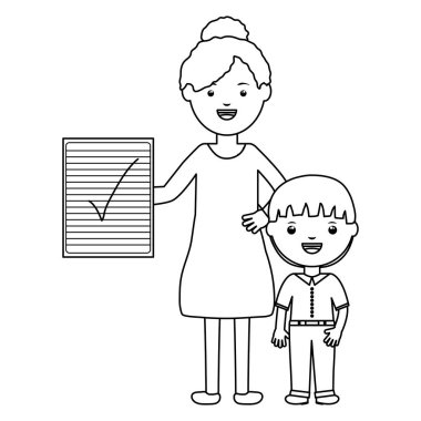 kadın öğretmen ve test kağıdı ile sevimli küçük öğrenci çocuk