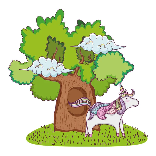 可爱的童话独角兽与树 — 图库矢量图片