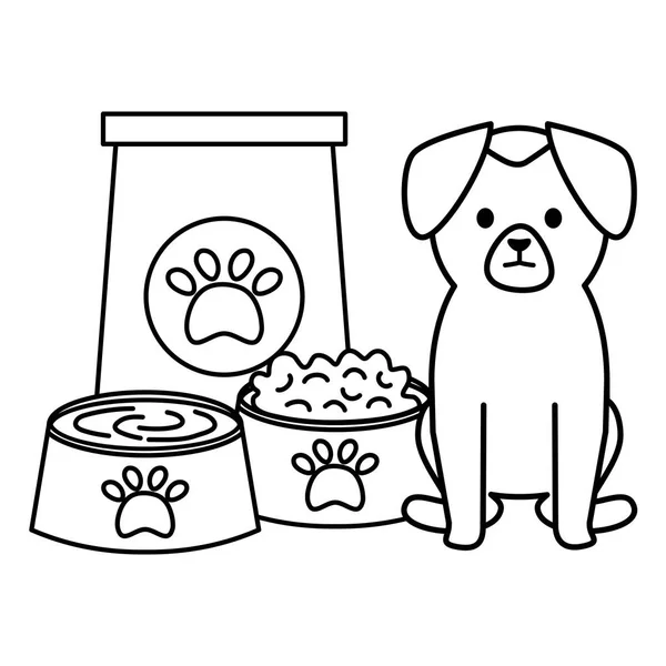 Pequeño perro adorable con bolsa de papel comida y plato — Vector de stock