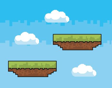 Arcade oyun dünya ve piksel sahne tasarım vektör illüstrasyon