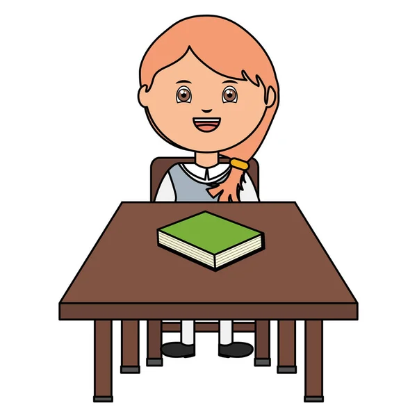 Cute little student girl with textbooks in schooldesk — Stock Vector