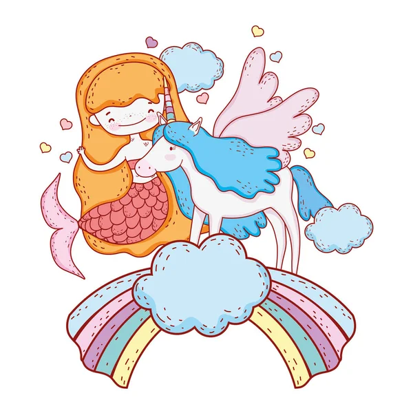 Sirena con unicorno e arcobaleno in nuvole — Vettoriale Stock