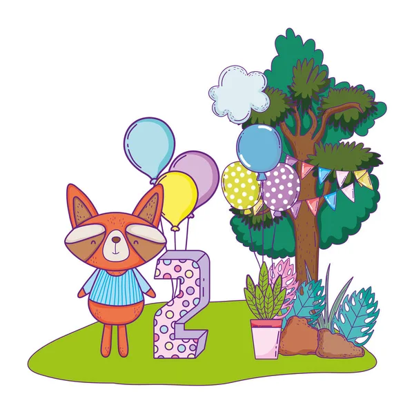 Mapache con globos helio en el campo — Vector de stock