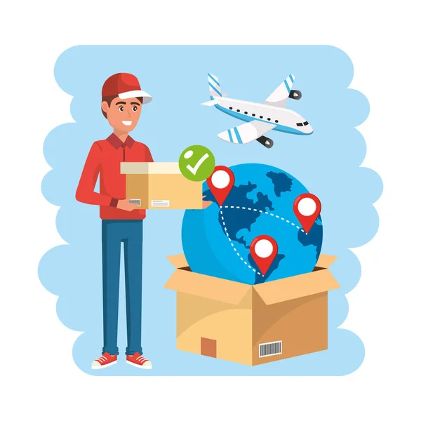 Delivery man with box service distribution — Stock Vector