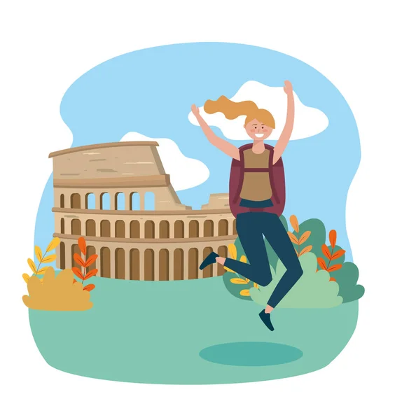 Donna felice che salta con lo zaino alla destinazione del colosseo — Vettoriale Stock