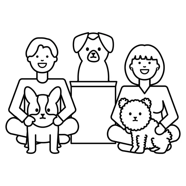 Pareja joven con perros adorables mascotas — Vector de stock