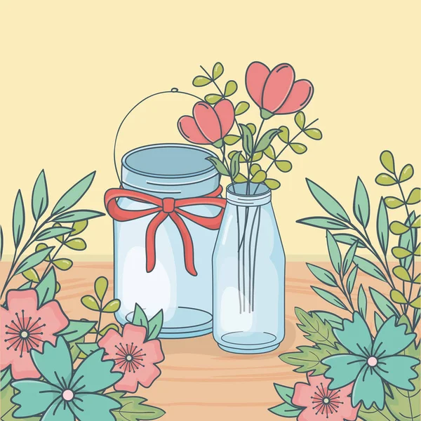 Mason jar met florale decoratie in houten vloer — Stockvector