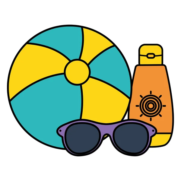 Globo de playa con bloqueador solar y gafas de sol — Vector de stock