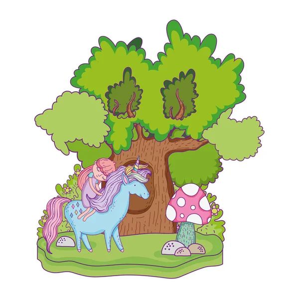 Hermoso unicornio con princesa en el paisaje — Vector de stock