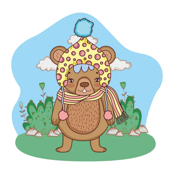 Urso pequeno bonito com chapéu no acampamento — Vetor de Stock