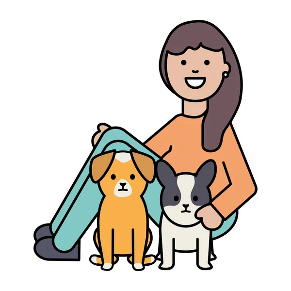 Jeune femme avec des petits chiens adorables mascottes — Image vectorielle