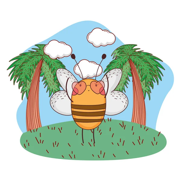 Schattige kleine Bee met hart zonnebril in het kamp — Stockvector