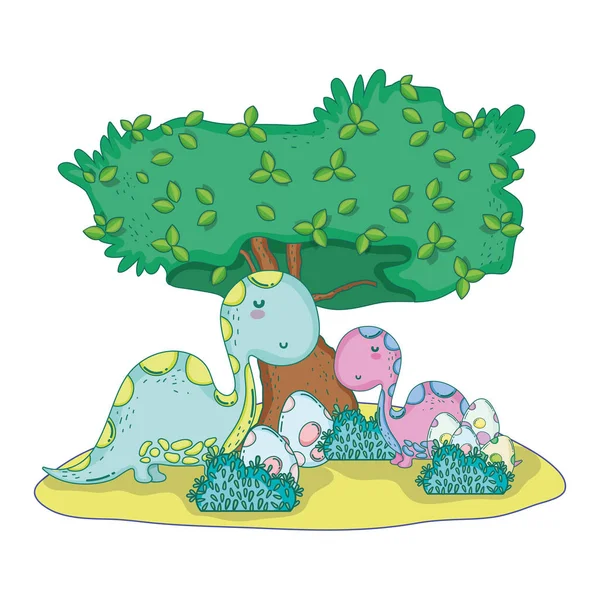 Roztomilý Apatosaurus pár se stromem v krajině — Stockový vektor
