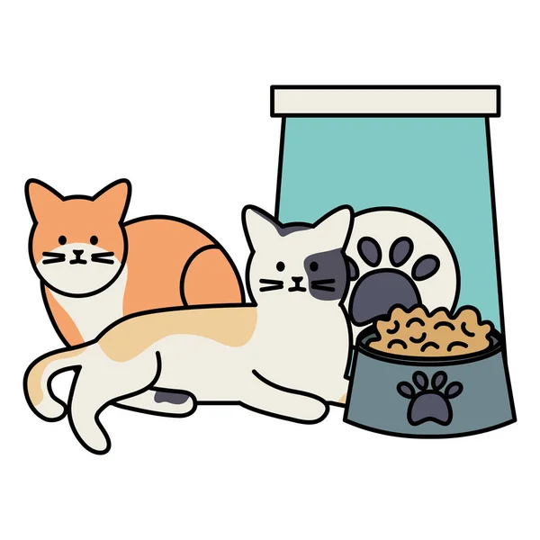 Mascotes gatos bonitos com comida saco de papel e prato — Vetor de Stock