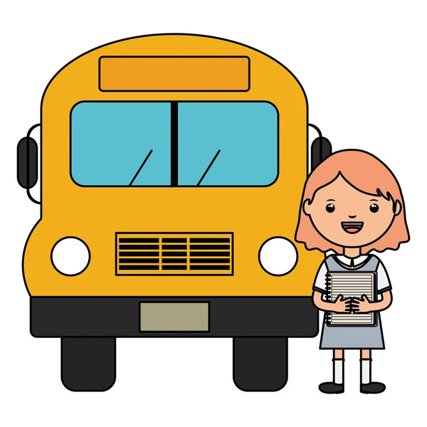 Menina estudante bonito com ônibus escolar — Vetor de Stock