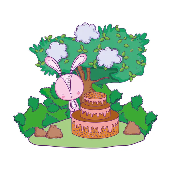 Милий маленький кролик з солодким тортами в ландшафті — стоковий вектор