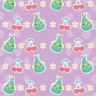 Taze kiraz ve armut meyveler Kawaii karakter desen