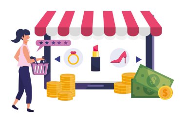 Kadın alışveriş online vektör çizim