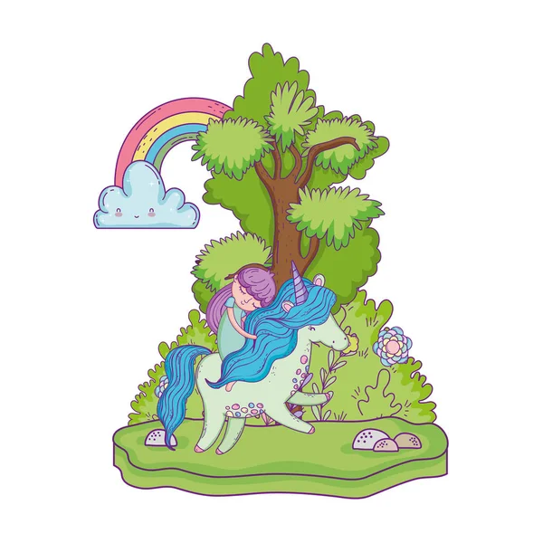 Hermoso unicornio con princesa en el paisaje — Vector de stock