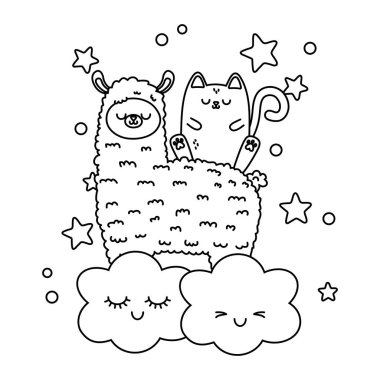 Cat ve Lama karikatür tasarım Kawaii