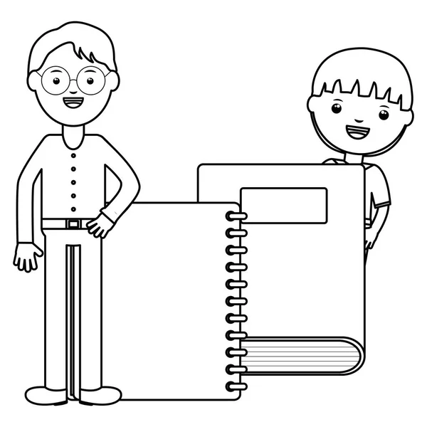 Schattige kleine student jongen met leraar en notebook — Stockvector