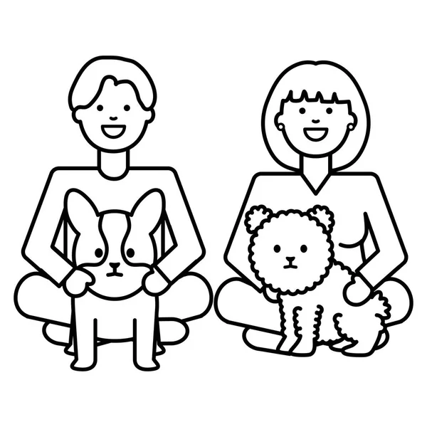 年轻夫妇与狗可爱的吉祥物 — 图库矢量图片