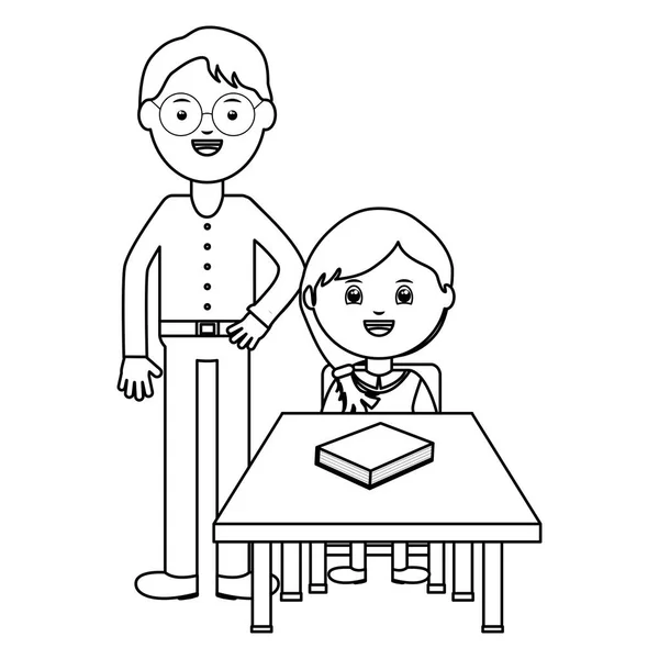 Милая маленькая студентка, сидящая за школьным столом с учителем мужского пола — стоковый вектор