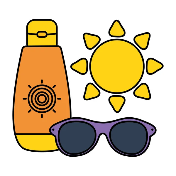 Bouteille de bloqueur solaire avec lunettes de soleil et soleil — Image vectorielle