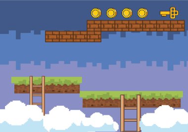 Arcade oyun dünya ve piksel sahne tasarım vektör illüstrasyon