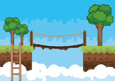 Arcade oyun dünya ve piksel sahne tasarım vektör illüstrasyon