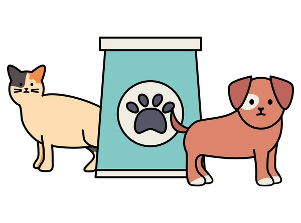 可爱的猫和狗吉祥物与食品袋 — 图库矢量图片