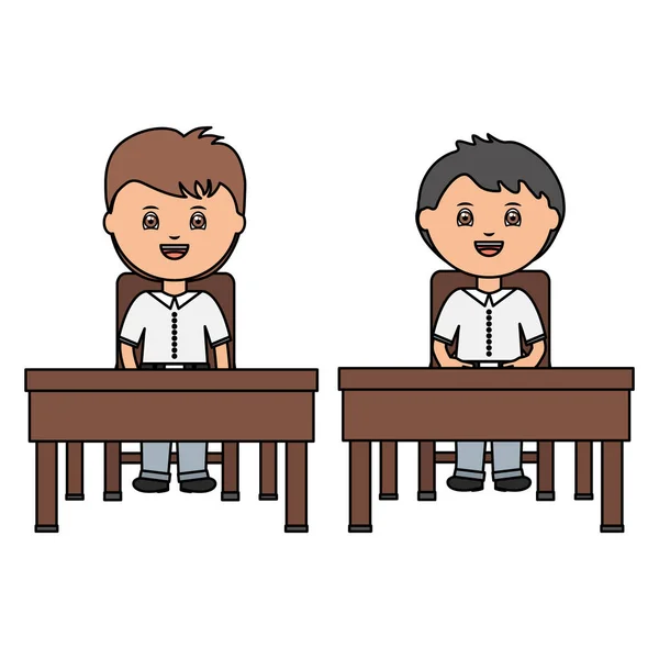Schattige kleine studenten jongens zitten in school Bureau — Stockvector