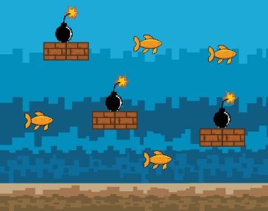 Arcade oyun dünya ve piksel sahne tasarım vektör illüstrasyon