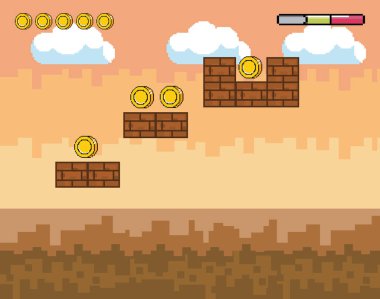 Arcade oyun dünya ve piksel sahne tasarım vektör illüstrasyon