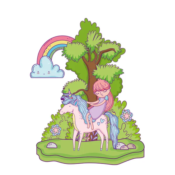Unicornio y princesa en el paisaje con arco iris — Vector de stock