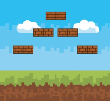 Arcade oyun dünya ve piksel sahne tasarım vektör illüstrasyon