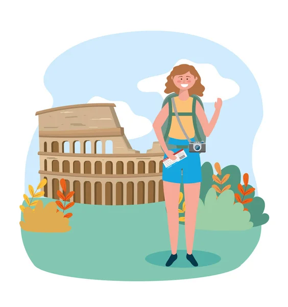 Mujer con mochila y billete a destino coliseo — Vector de stock