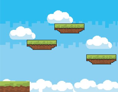 Arcade oyun dünya ve piksel sahne tasarım vektör illüstrasyon