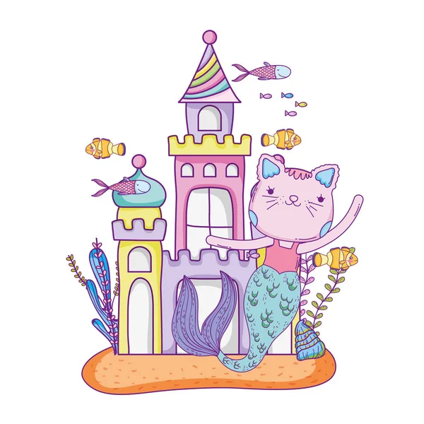 Mignonne purrmaid avec château sous-marin — Image vectorielle