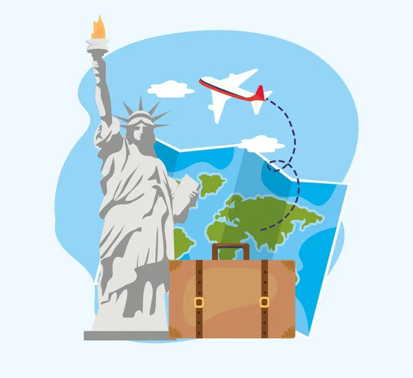 Liberty statue with global map and baggage — Stock Vector