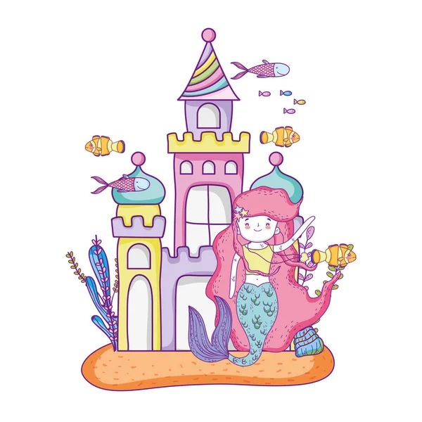 Sirena con castillo escena submarina — Vector de stock