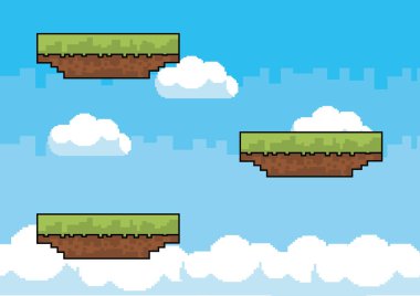 Arcade oyun dünya ve piksel sahne tasarım vektör illüstrasyon