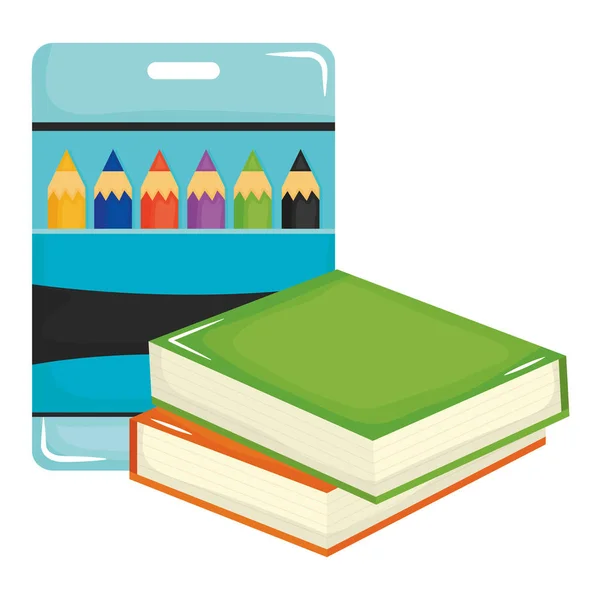 Pila libros de texto escuela y colores lápices caja — Vector de stock