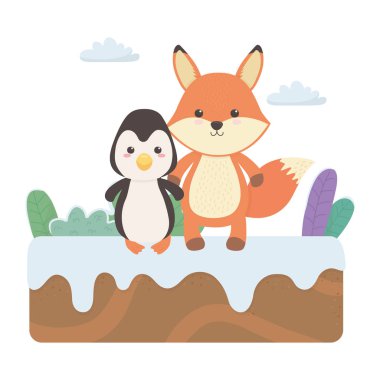 Fox ve penguen karikatür tasarım