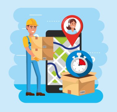 harita konumu ve çağrı merkezi hizmeti ile kutuları ve akıllı telefon ile teslimat adam