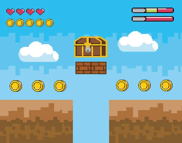 Videogame scen med pixelated kistan med mynt och Life bar — Stock vektor