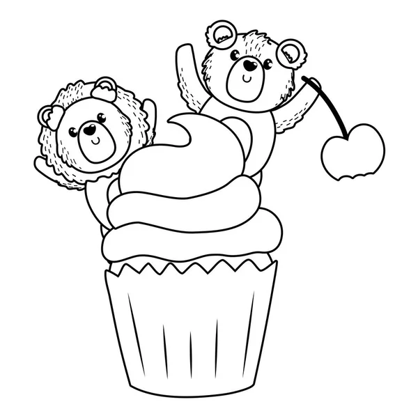 Lev a medvěd kreslený s návrhem sladkého jídla — Stockový vektor
