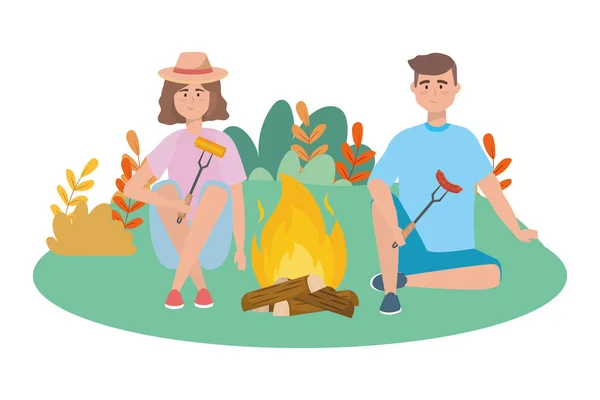 Çift kadın ve adam piknik tasarımı — Stok Vektör