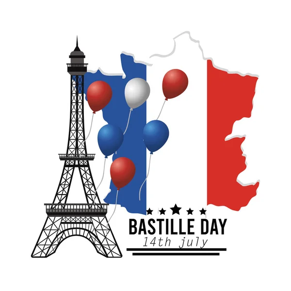 エッフェル塔と風船の装飾とフランスの地図 — ストックベクタ